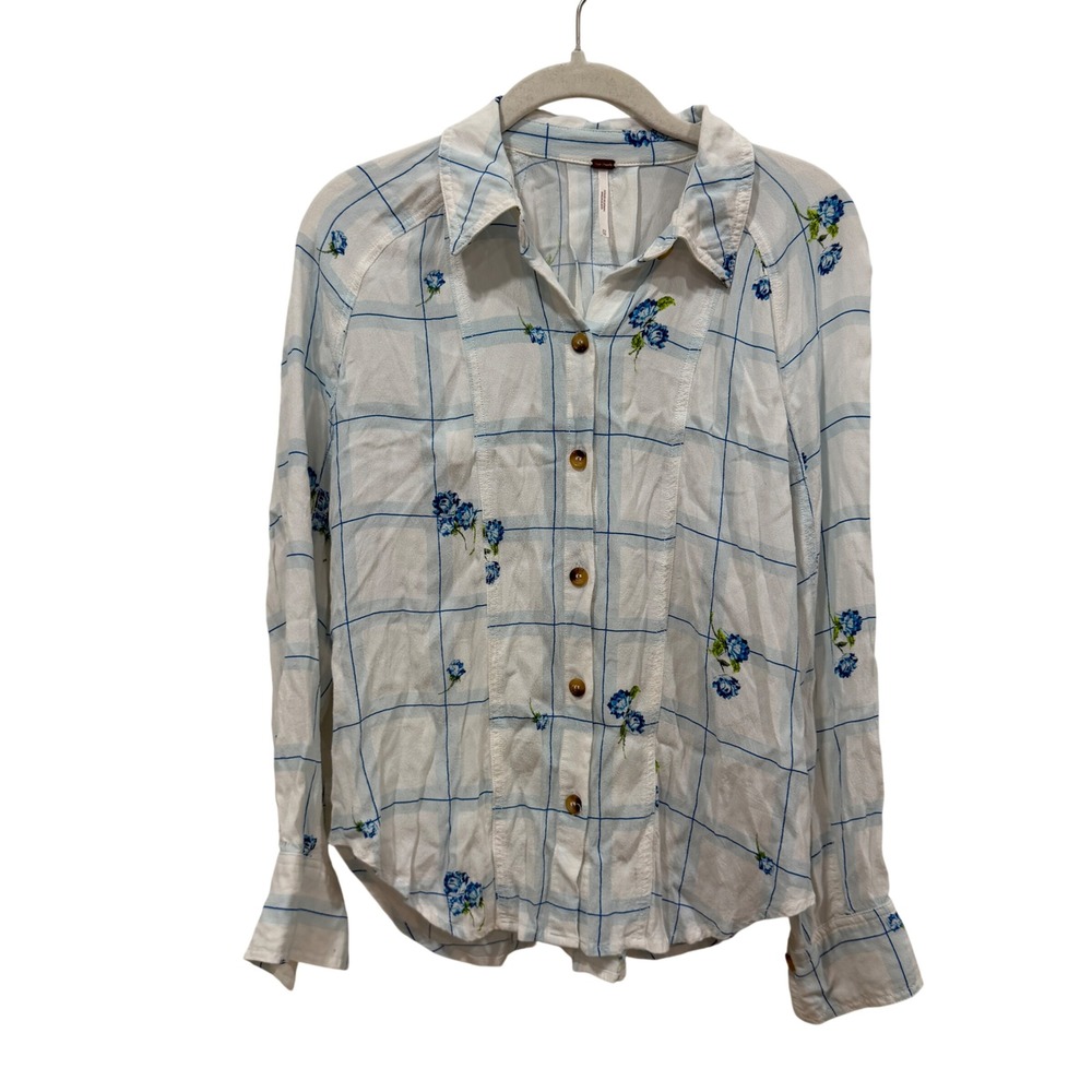 Free People‎ Blue Floral Windowpane Button Down Blouse XS Long Sleeve Viscose